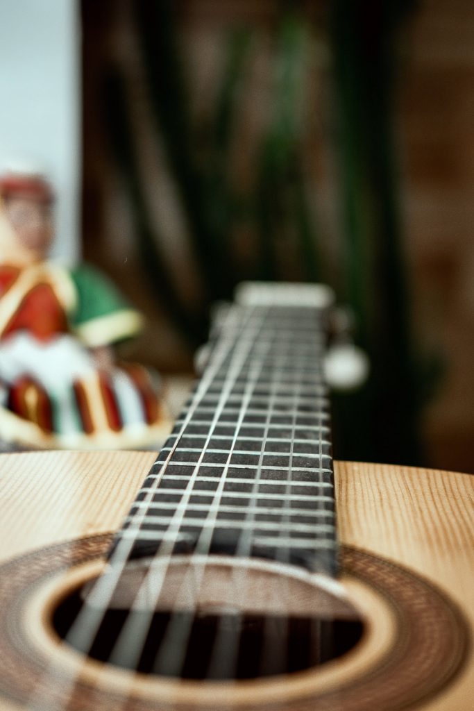 close-up of strings on guitar